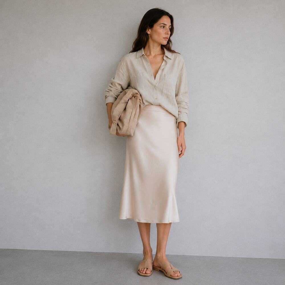 H&M HM Satin Slip Midi Skirt Womens S Light Beige High Waist A-line NWT